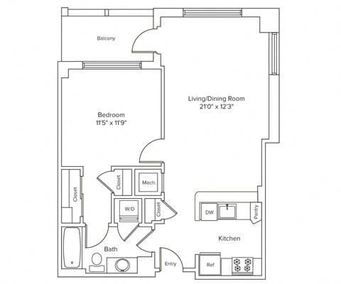 Floor plan for 1 bed, 1 bath, 712 sqft
